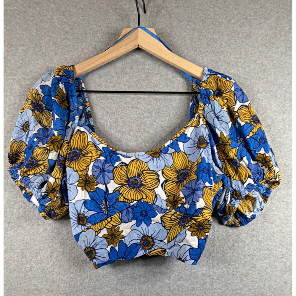 B.O.G Collective Floral Smocked Puff Sleeve Tie-Front Crop Blouse - Women's L
